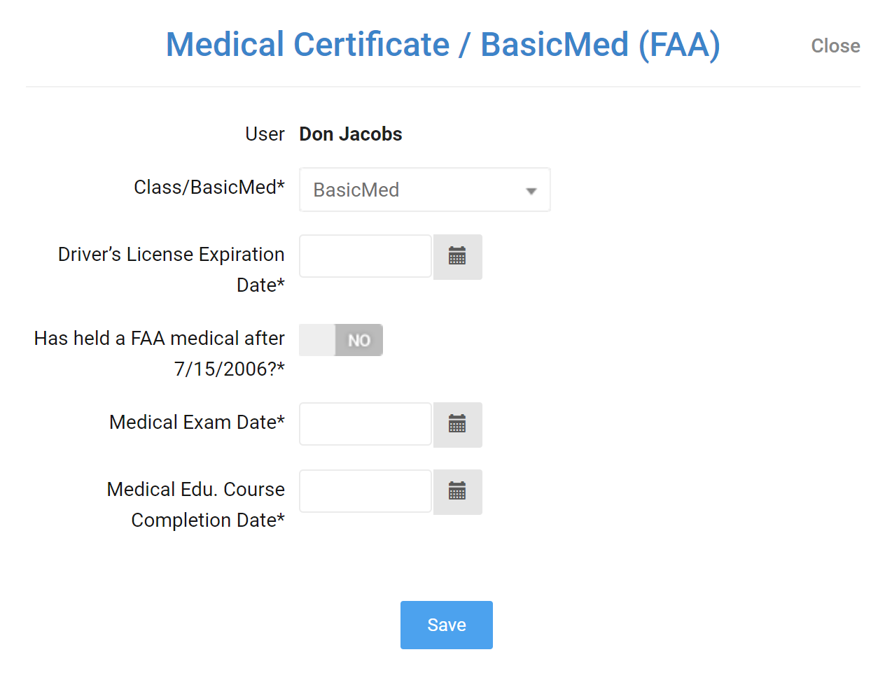 Screenshot of BasicMed user information